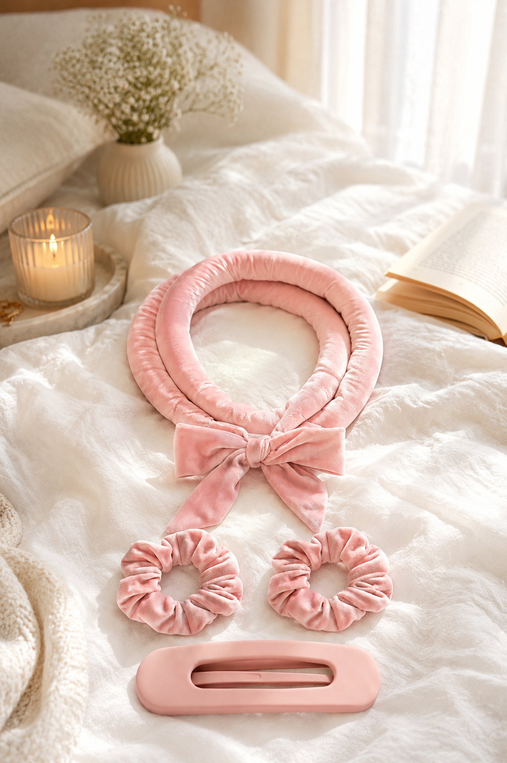 Set Curlse en velours rose : headband boucleur, chouchous et pince banane sur un lit